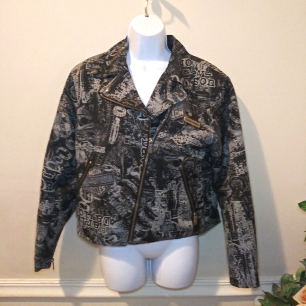 Harley-Davidson News Print Patterned Black & Gray Moto Jacket - Picture 1 of 16